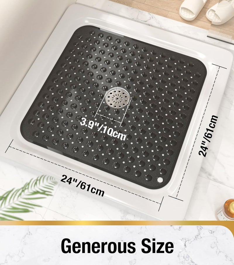 HITSLAM Shower Bathtub Mat Non Slip, 24"x 24" Bath Mat for Tub, Soft PVC Shower Mats for Inside Shower with Suction Cups and Center Drain Hole, Machine Washable Bathroom Floor Mat, Black - Image 2